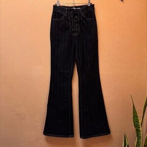 Tinseltown Black Flare Jeans with Lace-Up Front